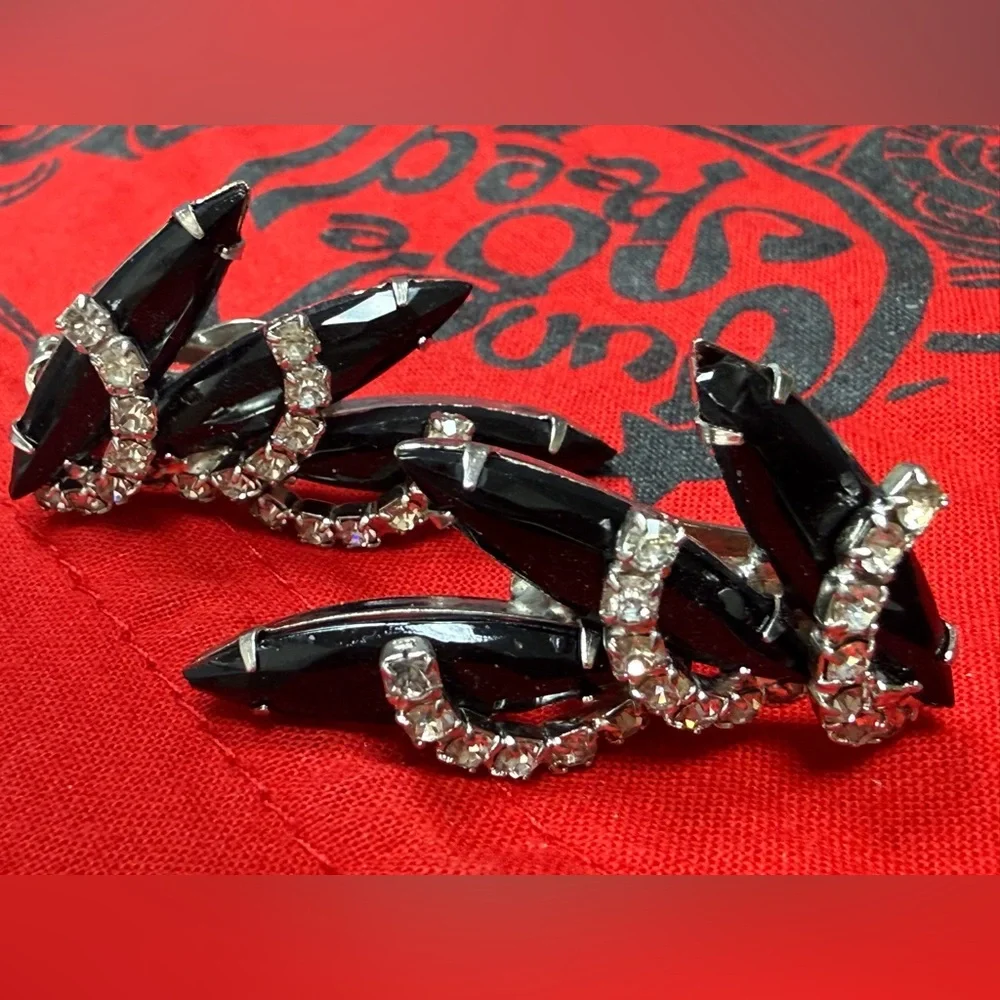 Vintage Black & Clear Rhinestones Silve-tone Clip On Earrings Open‎ Back Prongs